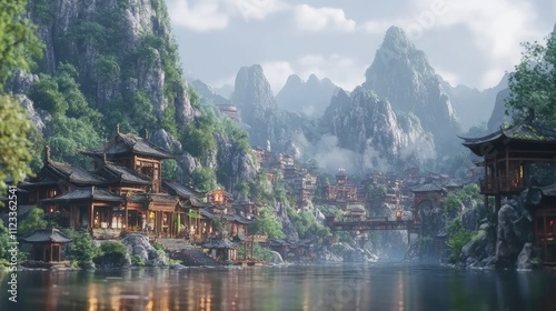 Fantasy Furong Chinese Village Inspired. Fantastic Chinese Village In Mountains And River photo