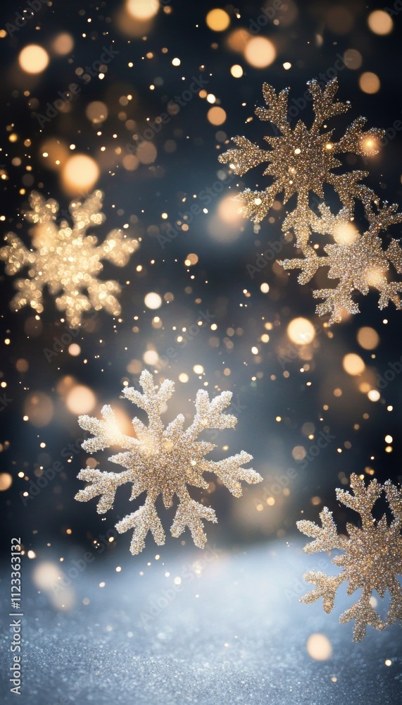 Fototapeta premium Enchanting winter background with snowflakes, christmas lights, and a beautiful landscape for cards