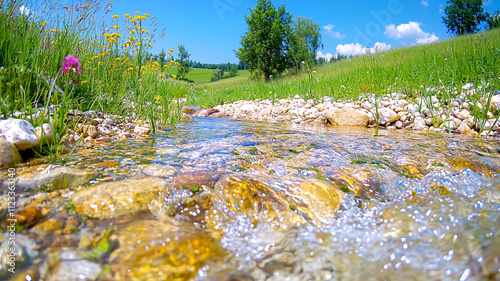 serene river flows through vibrant landscape, surrounded by lush greenery and colorful wildflowers. clear water sparkles under bright blue sky, creating peaceful atmosphere