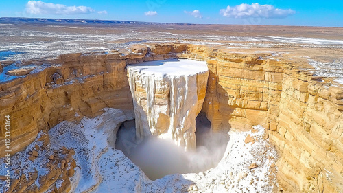 Majestic frozen waterfall cascading into rocky canyon, surrounded by snow and desert landscape, showcasing nature power and beauty