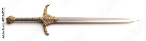 Elegant golden sword with an elongated blade, displaying intricate details and a lustrous finish, set against a pristine white background, showcasing its fantasy elements.