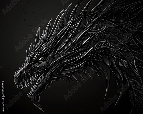 Black background with a dark fantasy dragon head in vector format. Intricate details and sharp edges for a fierce, mythical look. photo