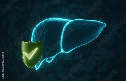 Glowing human liver with shield on dark blue background. Liver protection concept. 3d-rendering photo