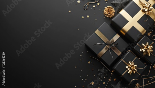 Elegant Black and Gold Gift Boxes: A Festive Holiday Background photo