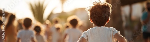 Jesus welcoming children with open arms, joyful faces running towards him, a moment of pure happiness and connection, evoking warmth and innocence in a sacred setting.