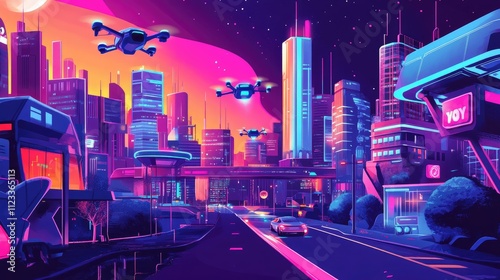 Futuristic cityscape at night with flying drones and neon lights.