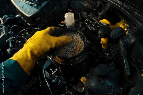 Close up of a mechanic s hand in yellow gloves inspecting an oil filter in a colorful car engine photo