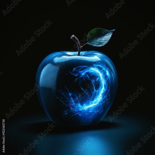 a blue colour magical apple glowing, isolated in a modern black background