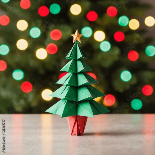  simple origami Christmas tree with glowing tiny bulbs, bokeh background