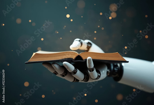 Robot hand holding a book with bokeh background. 