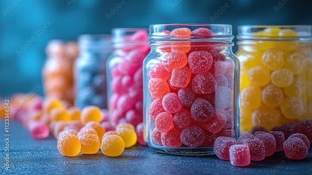 Close-up of colorful candies in glass jars on a stylish table setting. Close-up of colorful candies in glass jars on a stylish table setting.