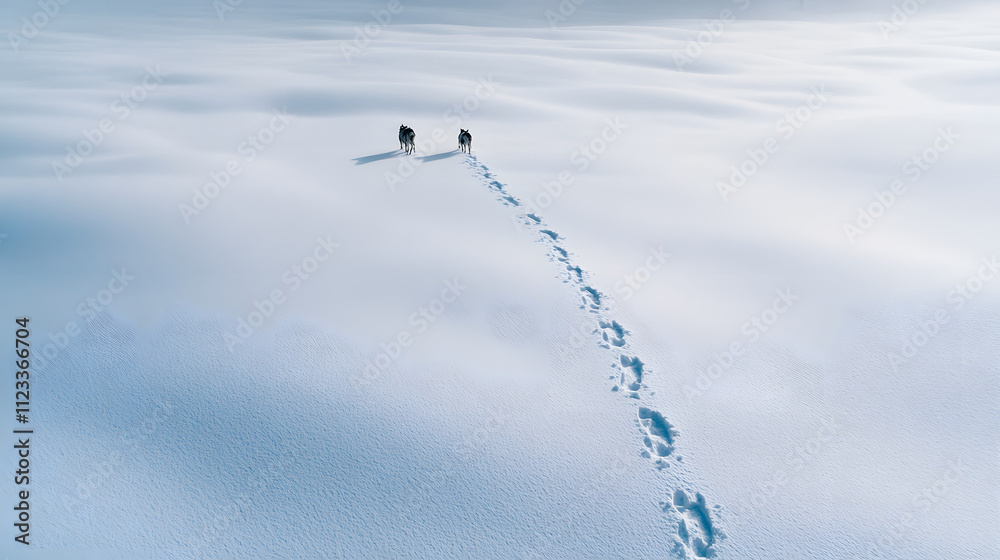 A husky sled gliding through a Lapland meadow blanketed in untouched snow with reindeer footprints marking the trail. A husky sled gliding through a Lapland meadow blanketed in untouched snow with reindeer footprints marking the trail.