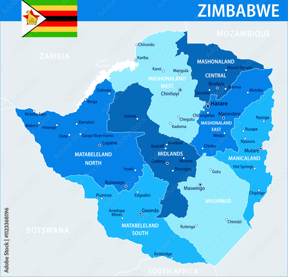Naklejka premium Zimbabwe Map Vector Blue Spot - Customizable layered political map of Zimbabwe with administrative divisions for website, education, reports, news, politics, print, poster and wallpaper