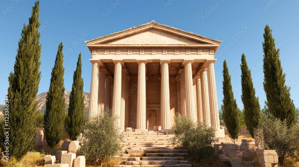Fototapeta premium A classical temple stands majestically with tall columns, surrounded by cypress trees under a clear blue sky, showcasing ancient architectural beauty.