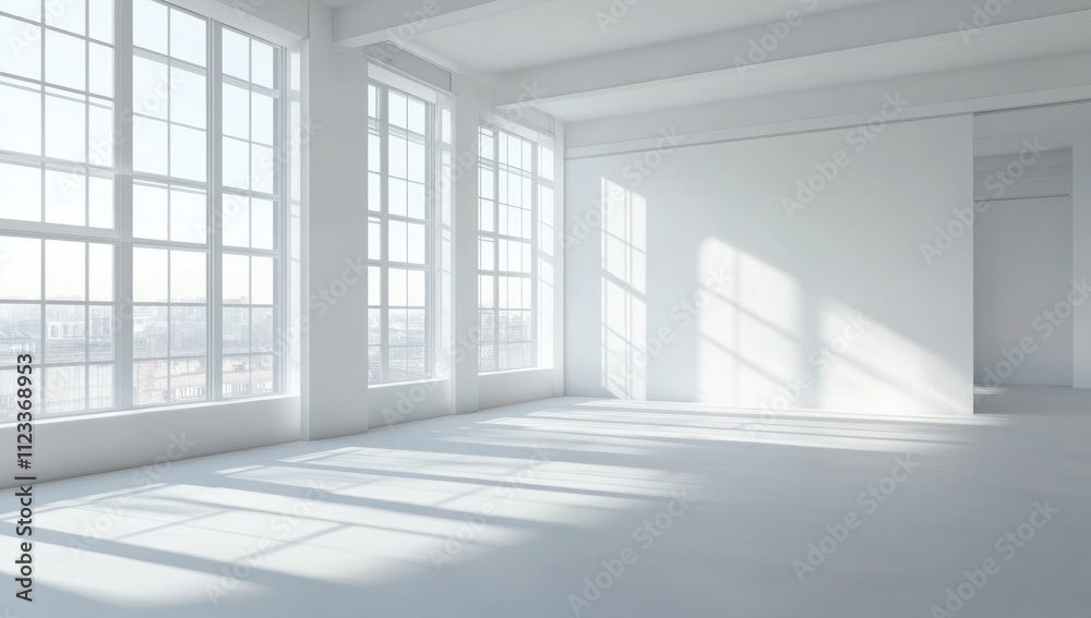 Fototapeta premium Bright White Loft Space with Large Windows and Natural Sunlight