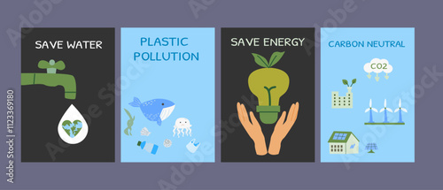 Sustainability awareness: save water, reduce plastic pollution, conserve energy, achieve carbon neutrality. Set of eco posters - flat design.