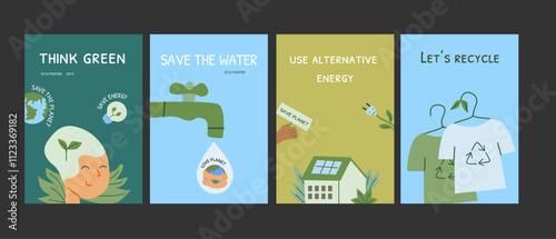 Eco-friendly practices: conservation, renewable energy, and sustainable living posters. Set of eco posters - flat design.