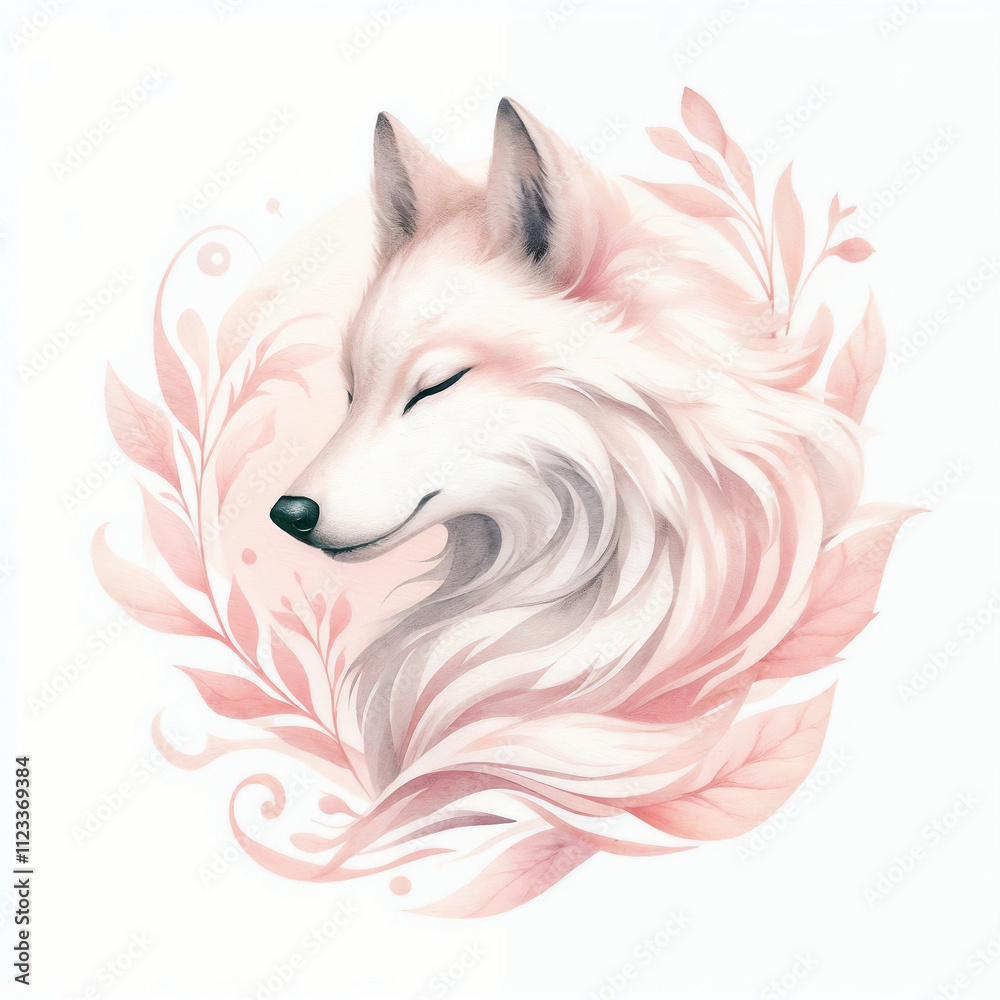 Fototapeta premium Elegant white wolf with flowing fur surrounded by delicate floral accents in a soft color palette