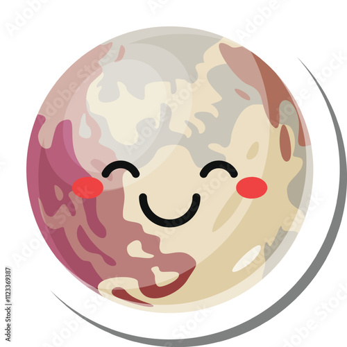 Pluto, a dwarf planet in the kuiper belt, is depicted with a charming smile, rosy cheeks, and closed eyes, creating a kawaii and friendly representation of the celestial body