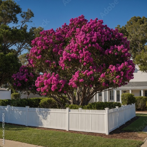 Crape myrtle tree in shades of deep purple and bright pink in a suburban front yard, with a white picket fence.
