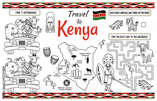 A fun placemat for kids. Printable “Travel to Kenya” activity sheet with a labyrinth and find the differences. 17x11 inch printable vector file