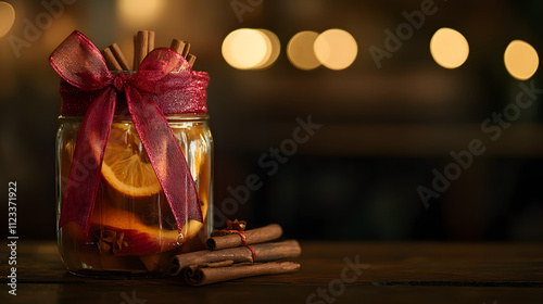 A jar of homemade spiced apple cider with cinnamon sticks orange slices and a festive red ribbon tied around it. photo