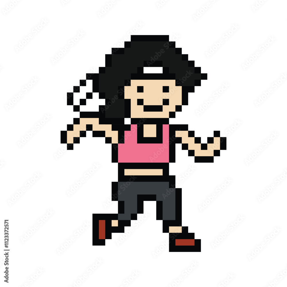 Fototapeta premium Cute cartoon run exercise pixel cartoon 8bit character woman lady run or running jog cardio lifestyle for decoration life style 8 bit female jog marathon exercise png vector.