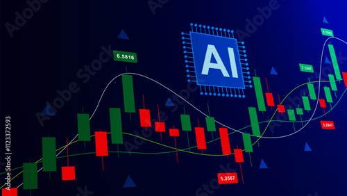 AI chip with candlestick chart graph with indicator. Stock market, forex trading, financial investment and Artificial Intelligence concept background
