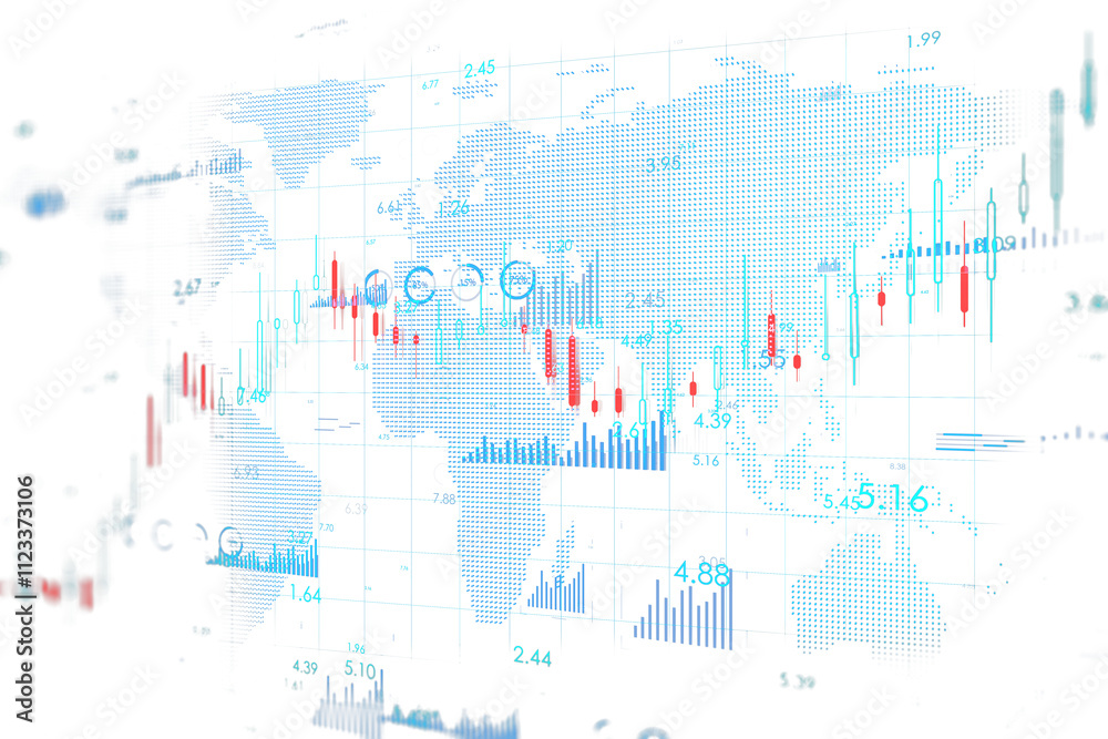 Obraz premium Abstract global map with financial graphs, candlestick charts, and figures in a digital style, set on a clean white background. Concept of data. 3D Rendering.
