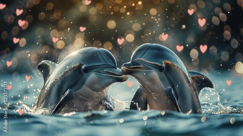 Two adorable dolphins are depicted nose-to-nose, surrounded by floating pink hearts. photo