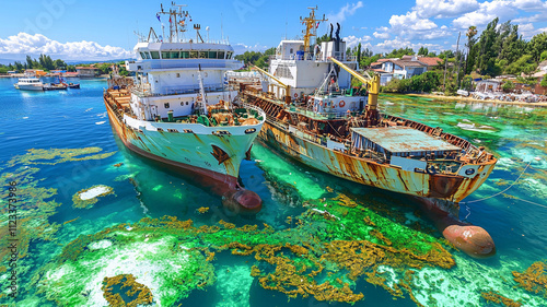 Stranded cargo ships in turquoise water, showcasing rust and marine life. vibrant colors and serene environment evoke sense of tranquility and reflection