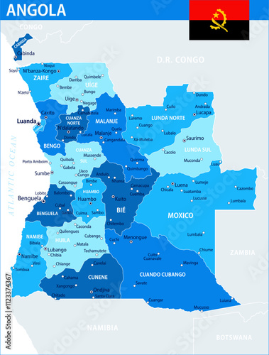 Angola Map Vector Blue Spot - Customizable layered political map of Angola with administrative divisions for website, education, reports, news, politics, print, poster and wallpaper