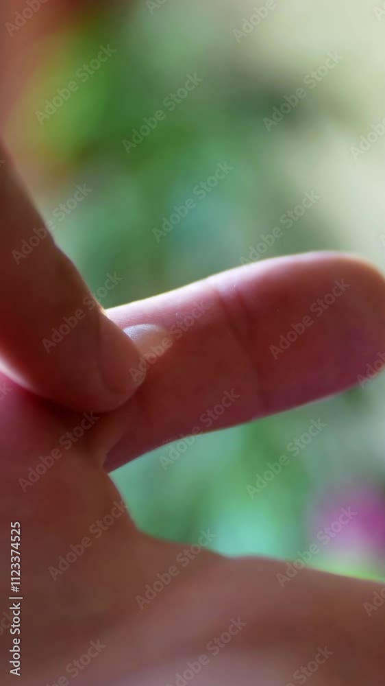 Vertical video. Close-up shooting of a young man touching a big blister or dropsy on the thumb of his left hand Vertical video. Close-up shooting of a young man touching a big blister or dropsy on the thumb of his left hand
