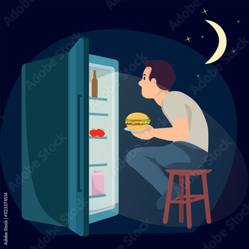 A man sits on a stool in front of an open refrigerator at night and eats a burger. The man looks into the open refrigerator. Vector illustration