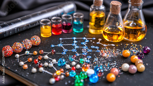 Colorful laboratory setup with glassware, beads, and chemical solutions. vibrant arrangement showcases various liquids and decorative elements, creating engaging scientific atmosphere