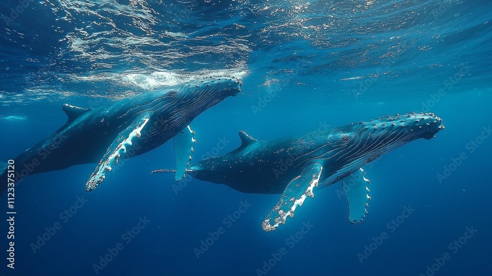 Fototapeta premium Two humpback whales glide effortlessly beneath a shimmering surface, showcasing their grandeur in the deep blue Pacific waters