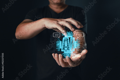 Digital artificial intelligence technology revolution concept,a man interact with AI chatbot command prompt,showcase big data storage and AI driven management service for business technology support
