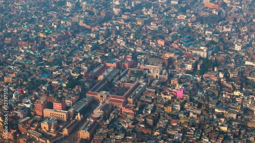 Slow Moving Drone or Aerial shot of Kashi Vishwanath Temple and Gyanvapi Mosque with Ghats photo