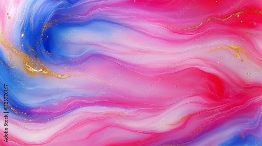 Obraz premium Luxurious marble texture in pink and blue liquid swirls featuring golden splashes creating a sophisticated and stylish abstract background