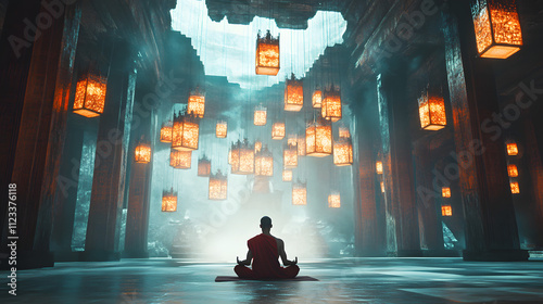 A monk meditating below floating geometric lotus-like patterns glowing softly in a temple. photo