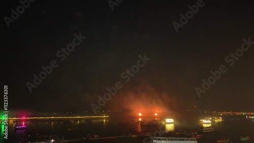 Drone View of Dev Diwali in Banaras: Fireworks, Glowing Ghats, Ganga River, and Boats