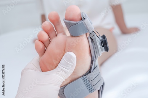 Close up view on orthopedist examines leg with hallux valgus deformity of big toe in orthopedic bandage photo