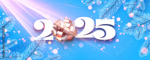 Charming 2025 design with frosty blue branches, a shining ribbon bow, and sparkling pink highlights on a vibrant blue background. Perfect for winter celebrations and New Year themes.