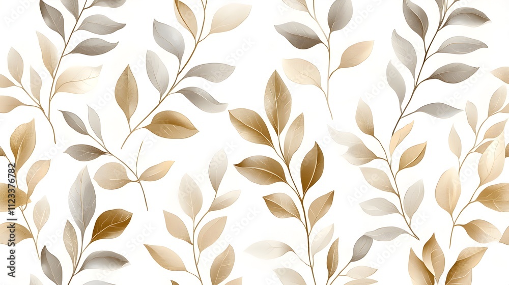 A pattern of leaves with a gold and white color scheme A pattern of leaves with a gold and white color scheme
