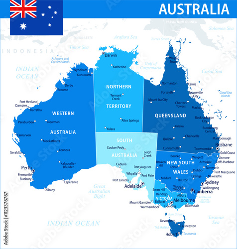 Australia Map Vector Blue Spot - Customizable layered political map of Australia with administrative divisions for website, education, reports, news, politics, print, poster and wallpaper