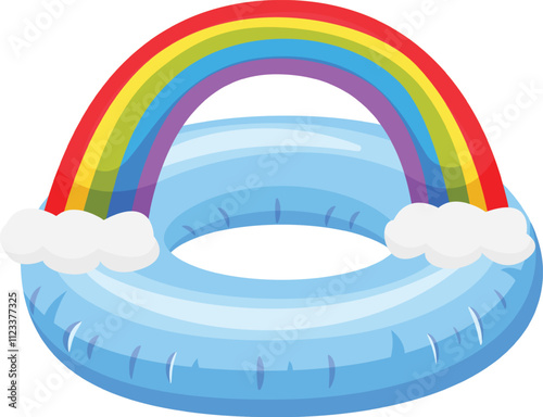Vibrant illustration of a blue inflatable ring featuring a colorful rainbow arching over it, with fluffy white clouds at each end, creating a cheerful summery scene against a clean white backdrop