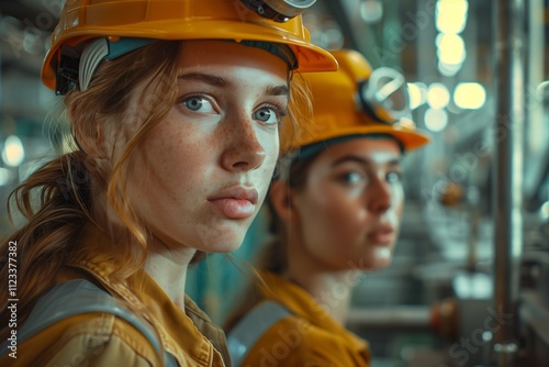 Two female workers in helmets focus on their tasks in an industrial setting. photo