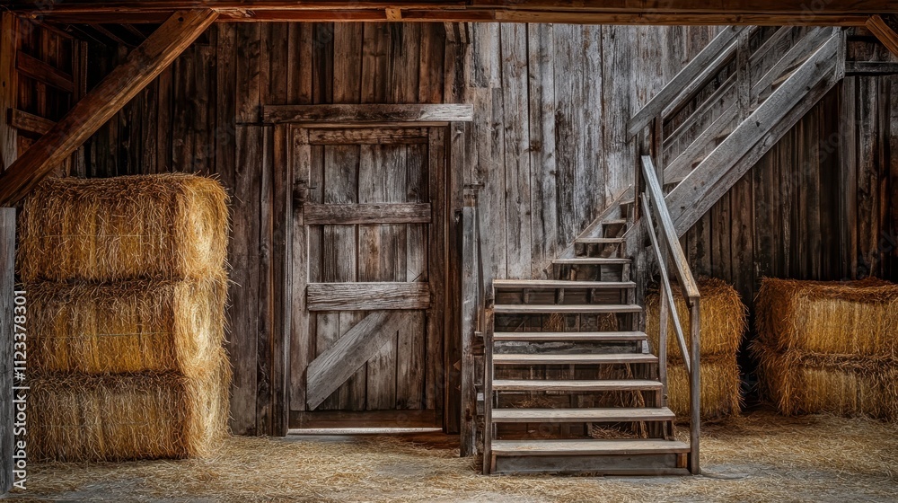 Naklejka premium Rustic Barn Interior with Hay Bales and Wooden Steps