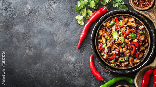 Duck sauce and bowl top view with fresh asian dish and spicy red garnish spice spoon, traditional chinese with delicious peking cuisine, copy space. photo