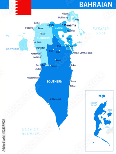 Bahrain Map Vector Blue Spot - Customizable layered political map of Bahrain with administrative divisions for website, education, reports, news, politics, print, poster and wallpaper